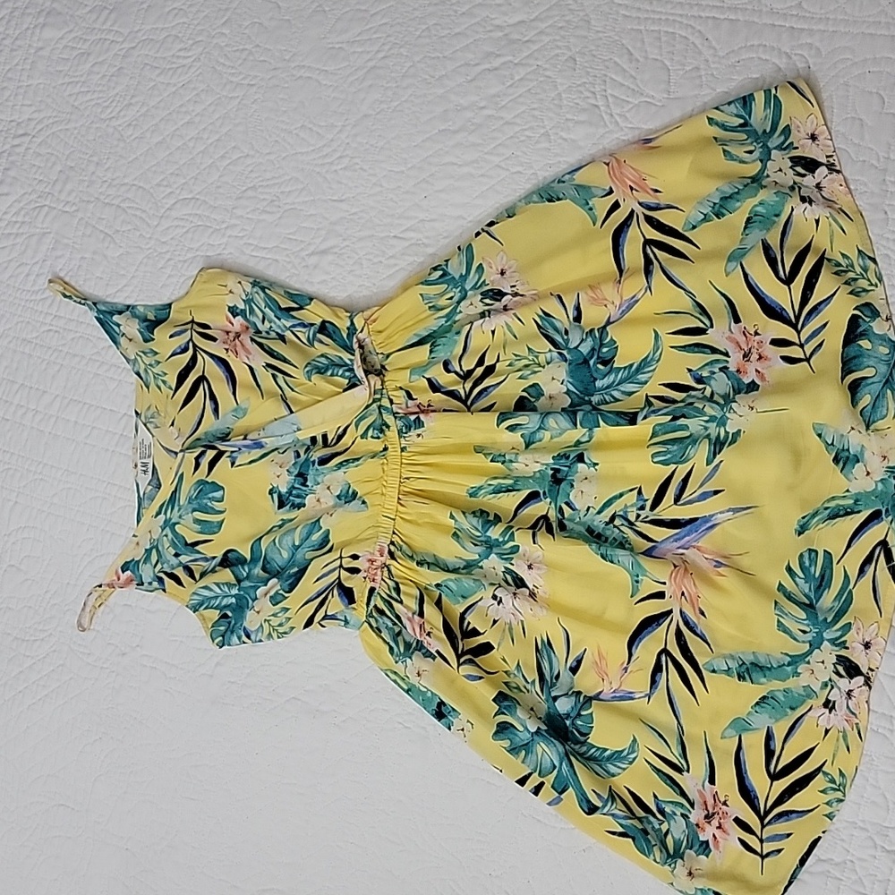 🐞4/$10🐞 H&M Girls Yellow Tropical Print Casual Summer Dress Size 11-12Y